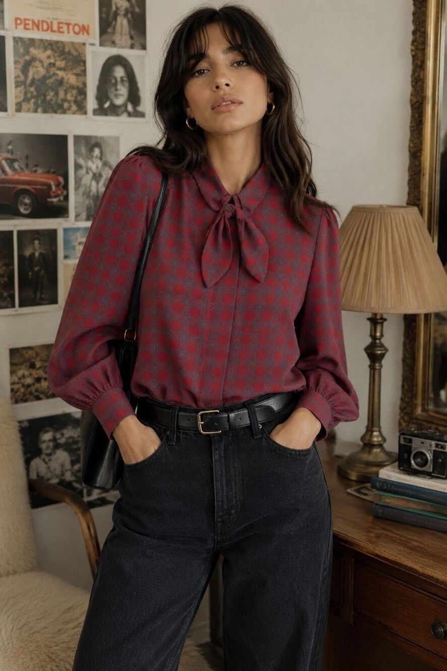 Vintage Pendleton Secretary Blouse Bow Tie Neck Red Geometric USA Size 6